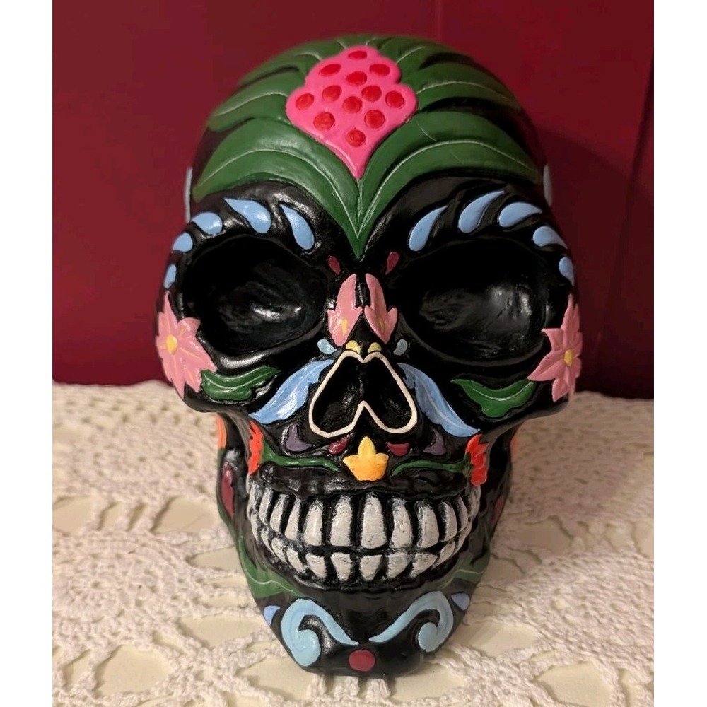 sugar skull Day of the Dead Calavera 7" floral black pink dia de los muertos